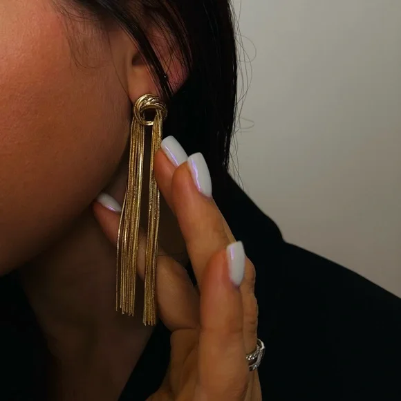 Gold Tassel Earrings Drop Dangle Knot Statement - Picture 3 of 6